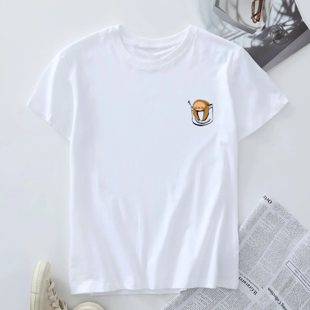 100% Cotton Women T-shirt Short Sleeve Tee Summer Tshirt Women Clothing Female Top Fashion Sloth Pocket Graphic T Shirts
