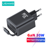 USAMS USB C Charger 30W with Retractable Cable Type C PD Fast Phone Charger for iPhone 15 Pro Max Xiaomi Samsung