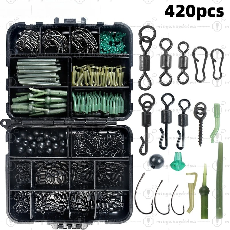 420Pcs European Carp Fishing Accessories Kit, Hooks, Beads, Swivels, Fishing Tackle Set