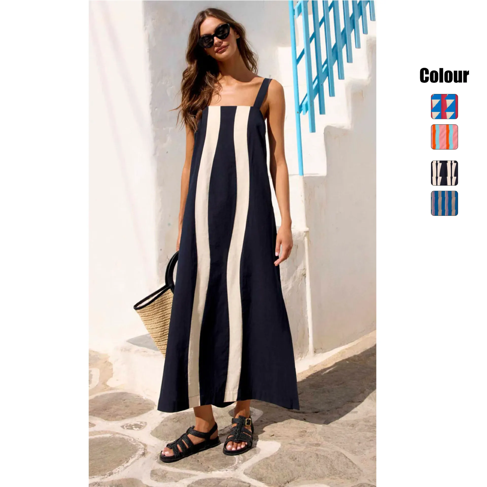 

Ladies vacation style suspender fashion summer stripe positioning print medium and long dress