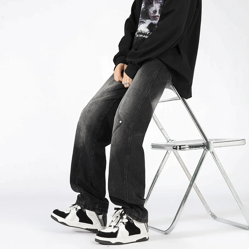 Europe and America style new high street niche jeans men's loose fitting straight leg versatile design patchwork wide leg pants