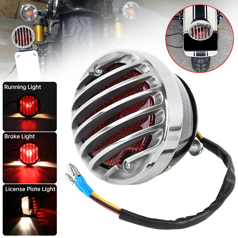 

12V Motorcycle Vintage Rear License Plate Tail Light Round Brake Light Lamp Universal For Harley Bobber Chopper ATV Custom