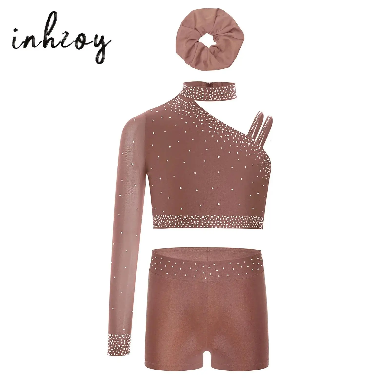 

Kids Girls Dance Outfit 3Pcs One Shoulder Rhinestones Crop Top+Shorts+Hairband Set for Figure Skating Gymnastics Performance