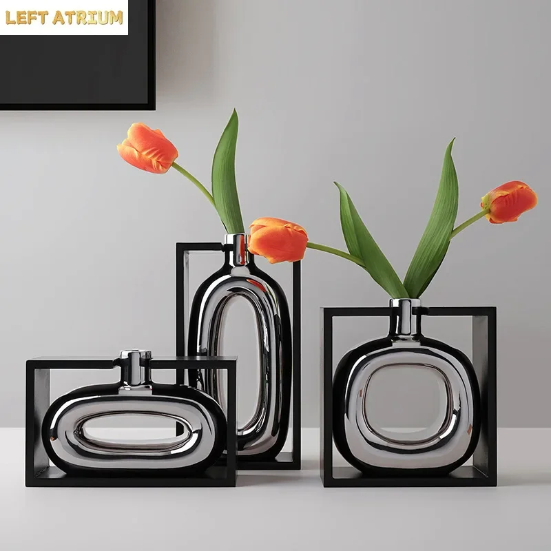 Silver Ceramic Vase Hollow Cutout Frame Hydroponic Flower Arrangement Flower Vase Terrarium Home Decoration Accessories