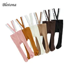 Blotona Infant Baby Breathable Suspender Pantyhose Stockings, High Waist Lace Plain Ribbed Knitted Footed Leggings Tights, 0-12M