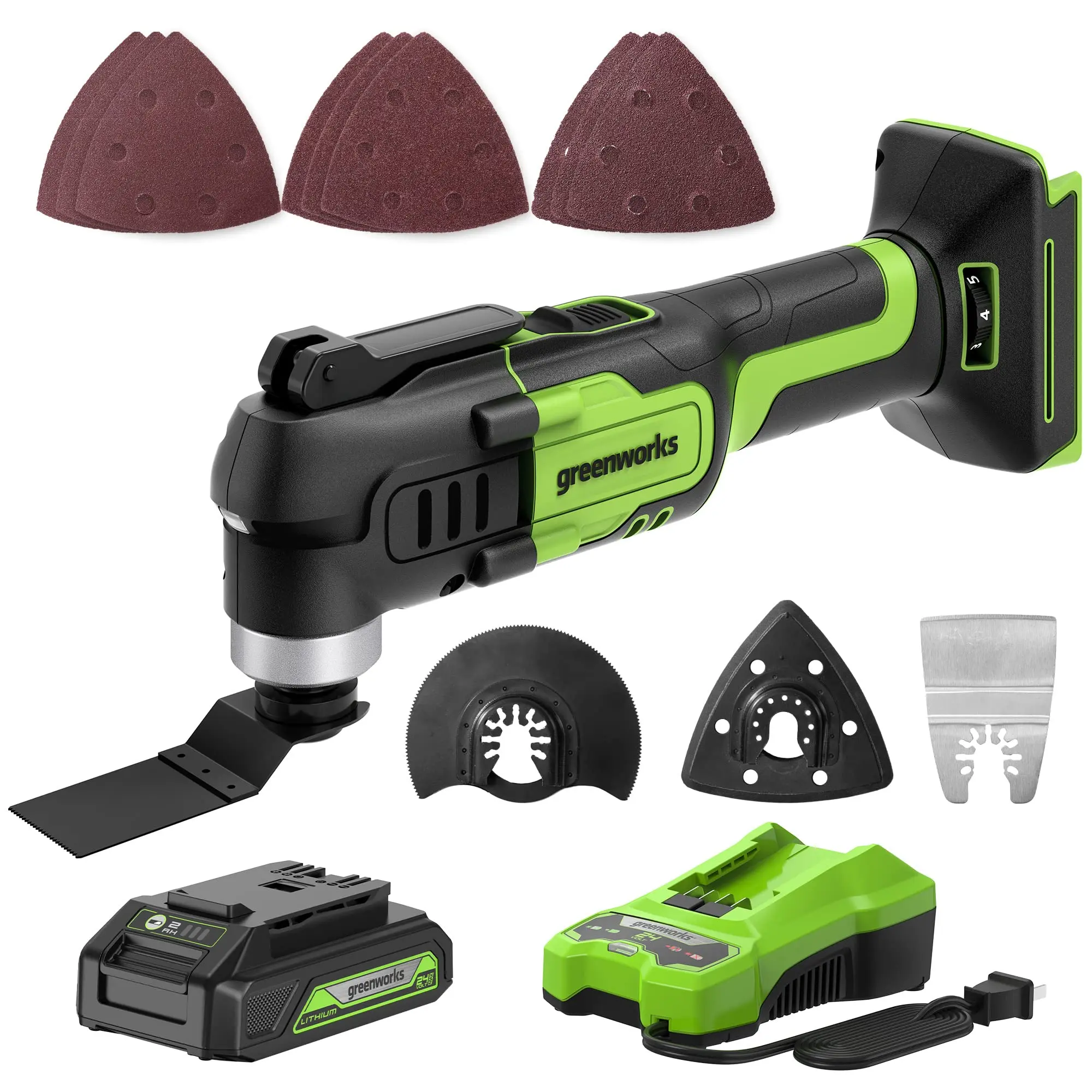 Greenworks 24V Cordless Multi-Tool, Oscillating Tool for Cutting Nailing Scraping Sanding, with 2.0Ah Battery and Charger