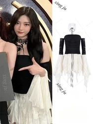 Kpop Female Singer Black White Irregular Pleated Halter Short Dress Jazz Dance Costume Concert Dance Stage Performance Clothing
