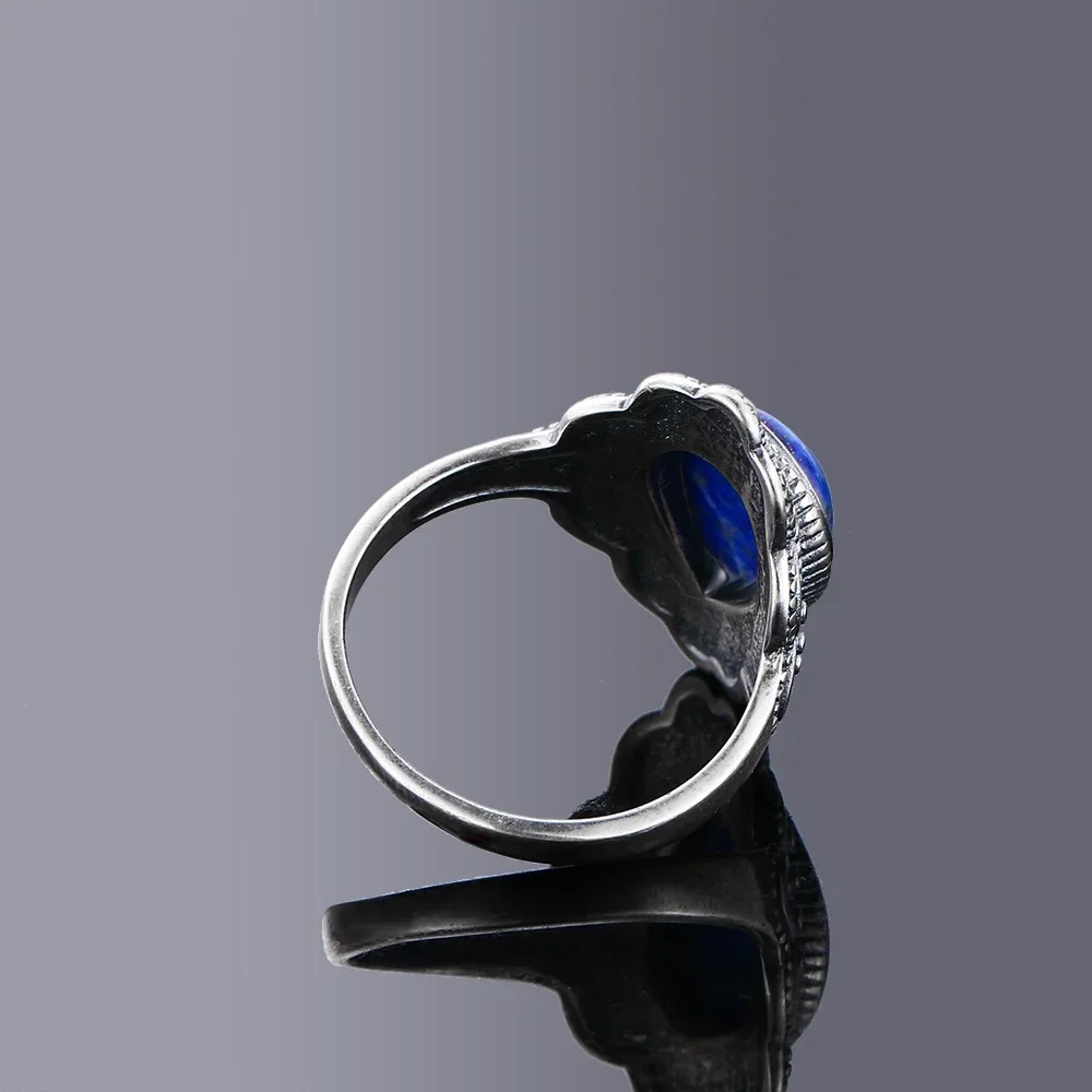 Natural Lapis Ring 925 Sterling Silver Rings for Women Men Drop Shaped Stone Fine Jewelry Gift Retro Party Finger Ring