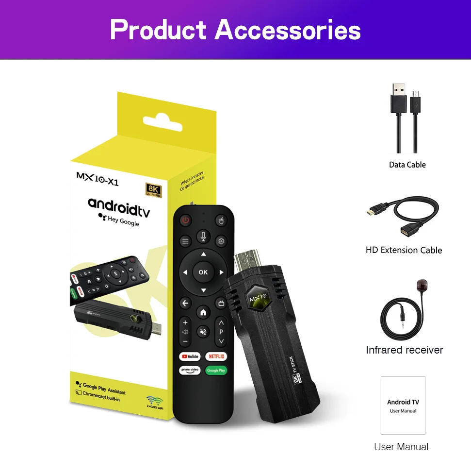 MX10 X1 Smart TV Stick Android 14 ARM Mali‑400 MP2 2GB RAM 16GB ROM 2.4G WiFi BT4.0 Media Player Support 24 Languages