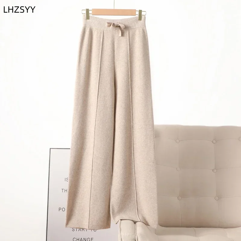 

100%Pure Wool Wide Leg Pants For Women Autumn Winter Wear New Thick Straight Leg Pants Cashmere Knit Loose High Waist Trousers