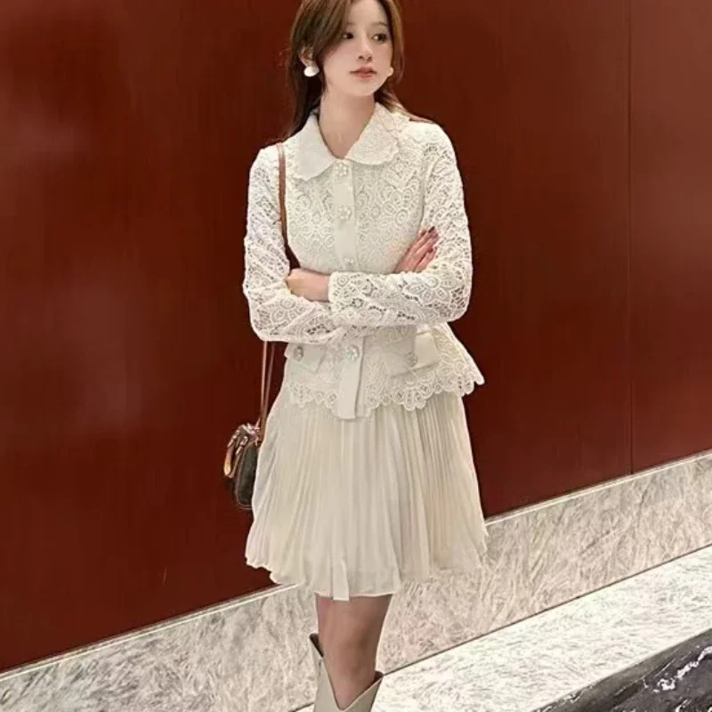 

Women's Fall New Beige Matching Sets Lace Hollow Lapel Top or Lace Mini Skirt