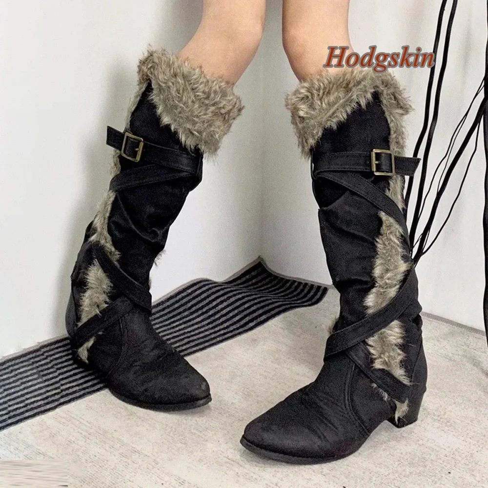 

Slip On Winding Knee High Boots Solid Buckle Strap Chunky Heel Round Toe Boots Fashion Casual 2025 New Arrivals Great Snow Boots