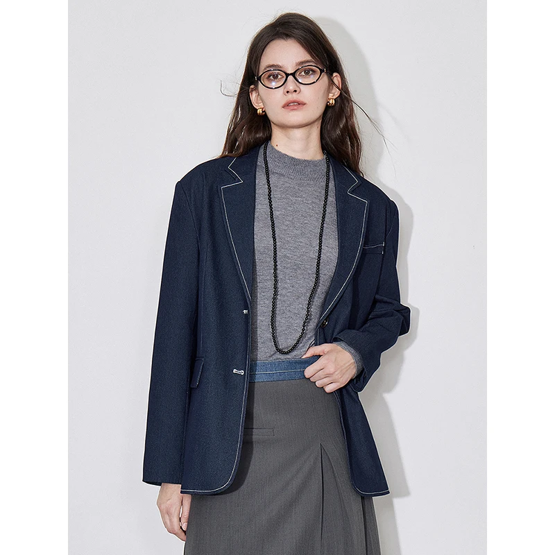 TOYOUTH Women Blazer 2024 Autumn New Fake Denim Lapel Collar Long Sleeve Oversize Suit Jacket Navy