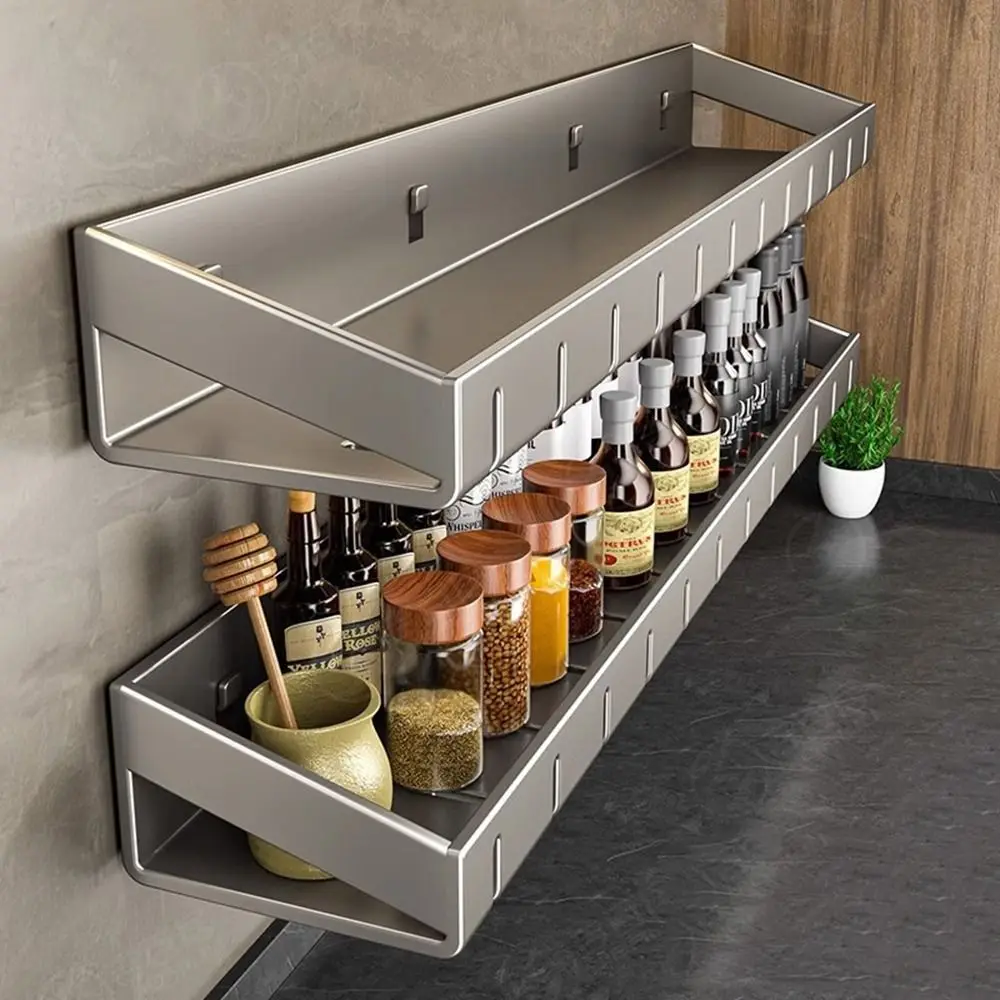 

Carbon Steel Spice Storage Rack Wall Mounted Large Capacity Condiment Rack Space Saving Detachable Wall Storage Rack for Home