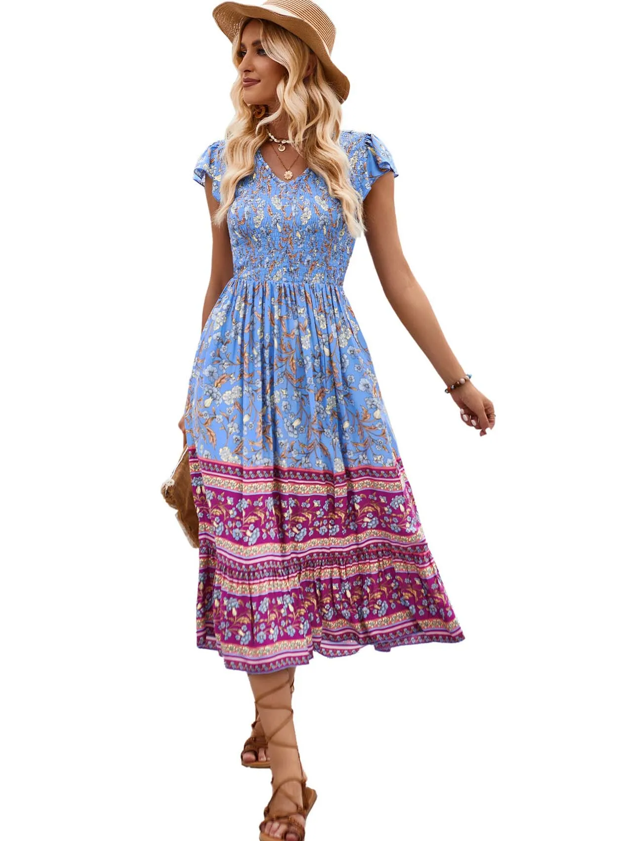 Boho Lange Jurken Vrouwen Vintage Bloemenprint Jurk Dames Zomer Korte Mouw Zonnejurk Dames Elegante Geplooide Strand Vestidos