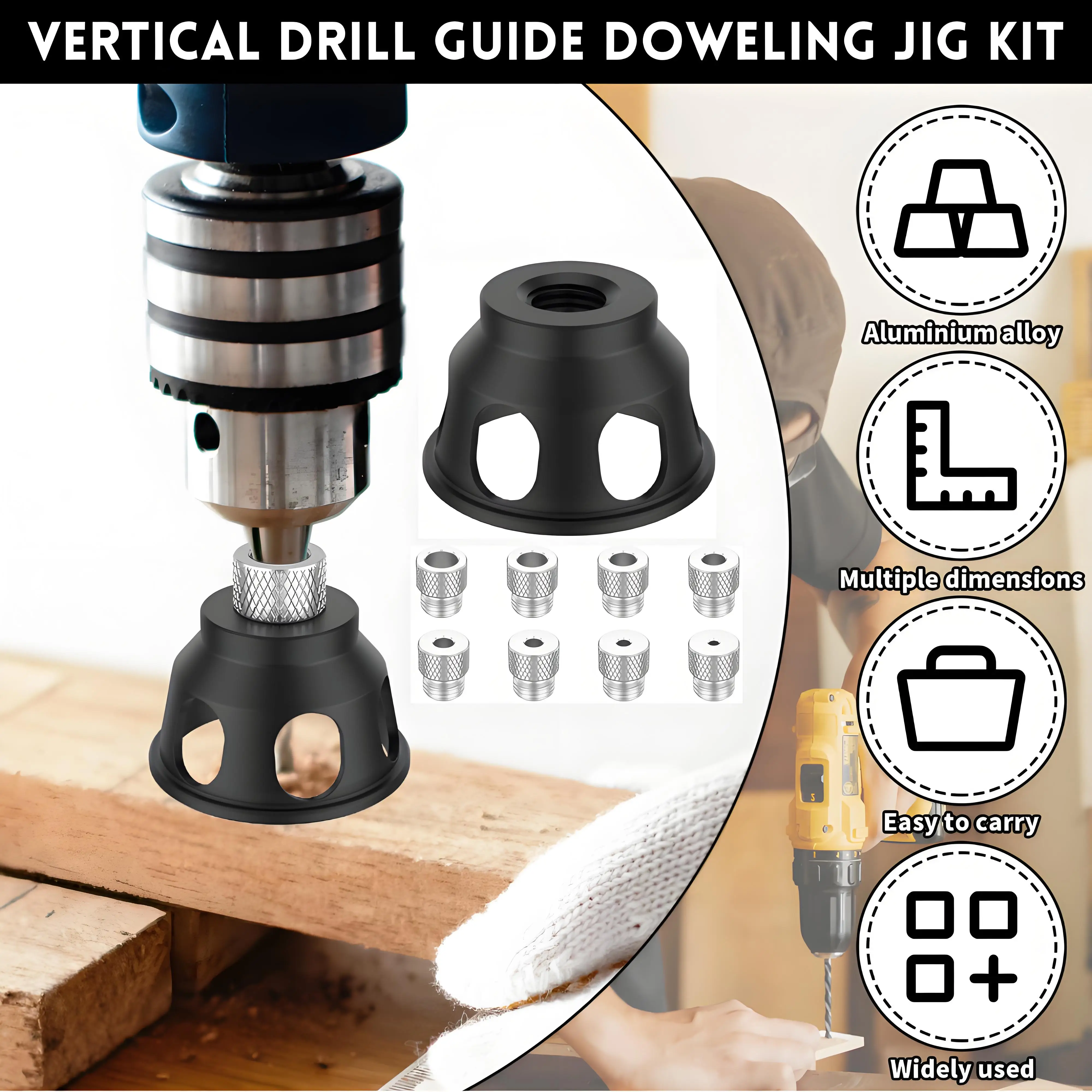 

Комплект дюбельных приспособлений для вертикальной направляющей сверла, 2-10 мм, алюминий, 90-градусный позиционер для сверления прямых отверстий с 8 стальными сверлильными втулками