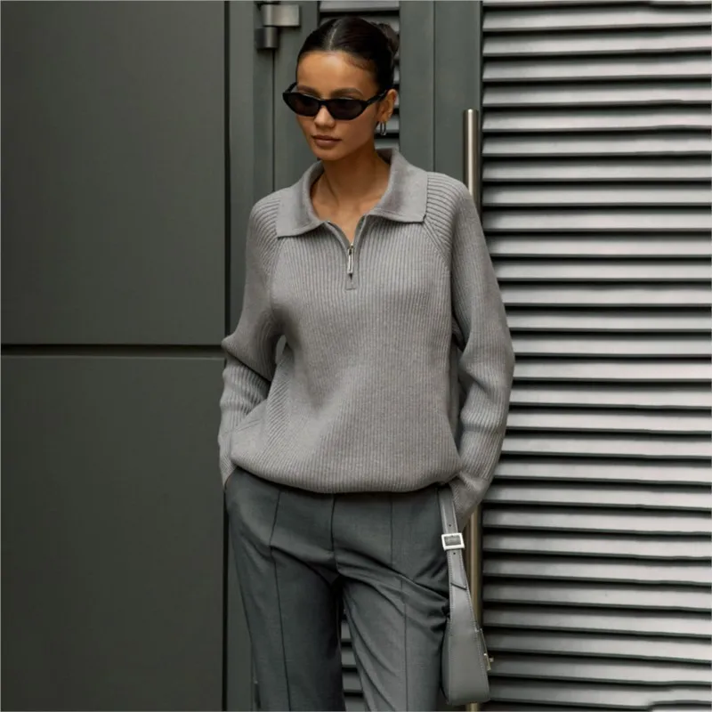 

Women's Turtleneck Zippers Sweaters Fashion Solid Loose Pullover Long Sleeve Casual Knitted Sweater Woman Winter Jumper 2025