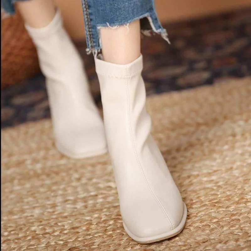 Small White Ankle Snow Boots Women Thin Thick Heel Square High Heels 2024 New Autumn Winter Midleg Tactical Female Shoes