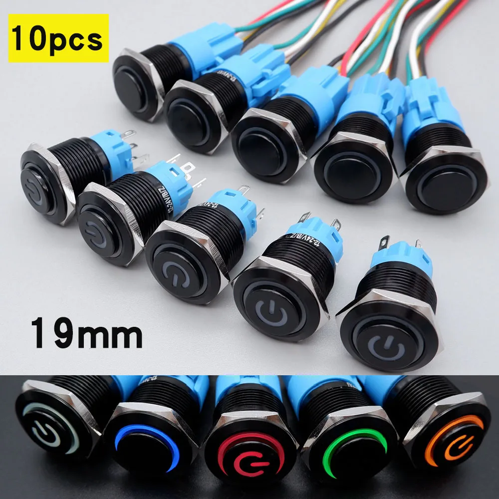 10pcs Metal Push Button Switch LED Light 12v 19mm Ring Lamp Power Symbol Waterproof Self lock reset Black High Head 5V 24V 220V