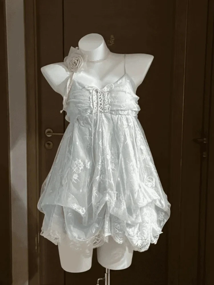 New Vintage Summer Women Sets Elegant Ruffle Lace Chiffon Design Mini Skirt Sui…