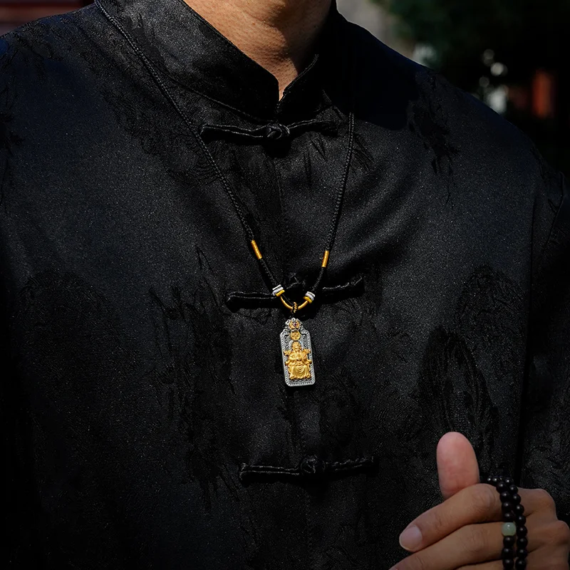 النمط الصيني زهرة ازدهار التنين خمسة الآلهة الثروة الله قلادة من النحاس الرجال النمط الصيني التقليدي Wenwan مربع قلادة H #2