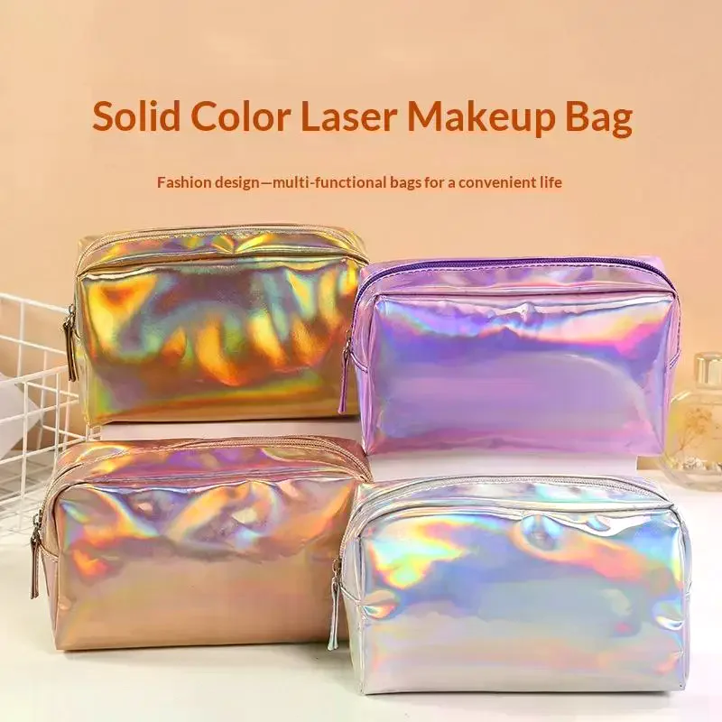 Solid Color Laser Cosmetic Bag Waterproof Portable Wash Storage Bag Makeup Gift Bag Makeup Pouch Travel Cosmetic Organizer