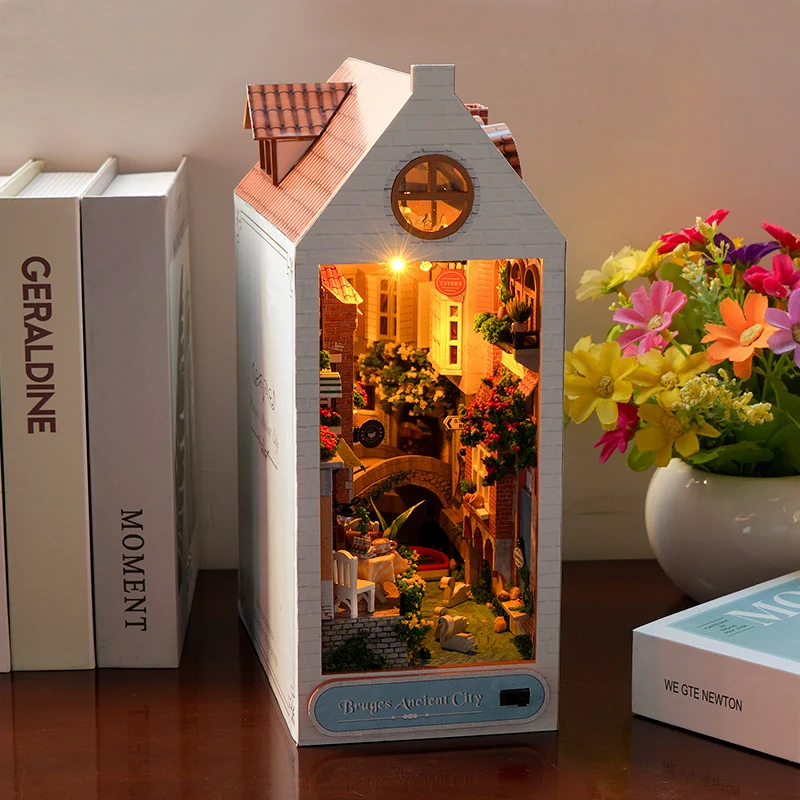 Nowy DIY drewniane Bruges starożytne miasto książka kącik półka wkładka miniaturowe zestawy modeli z meblami półka na książki Bookend prezenty dla przyjaciół