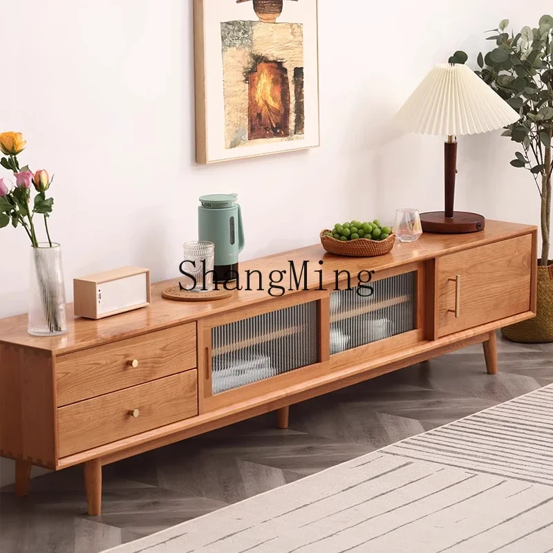 ZZJ cherry wood solid wood TV cabinet small apartment living room high value log color oak simple locker floor cabinet