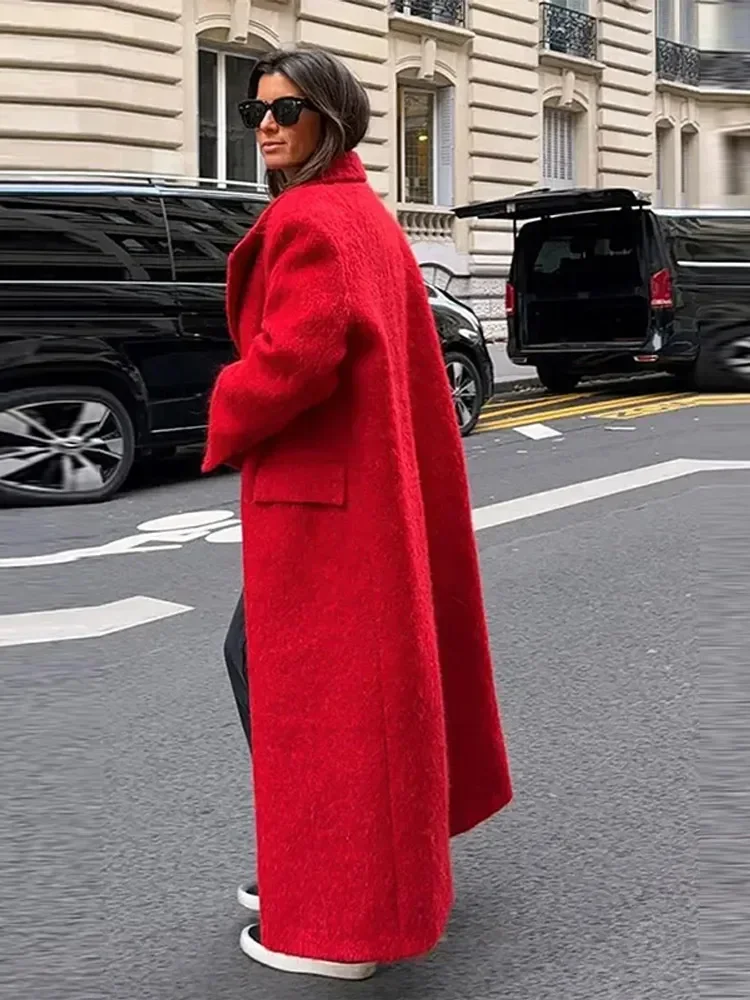 

Elegant Red Woolen Long Coats Women Loose Lapel Full Sleeve Single Button Female Overcoat 2025 Autumn Lady High Street Outwears