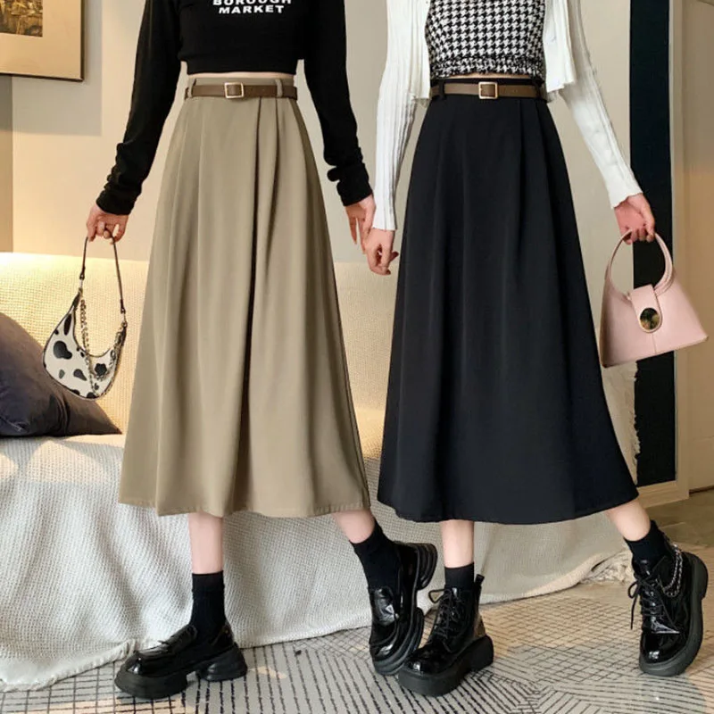 Lucyever Women\'s Spring High Waist Long Skirt Fashion with Belt A-Line Suit Midi Skirts Ladies Solid All-Match Pleated Skirts