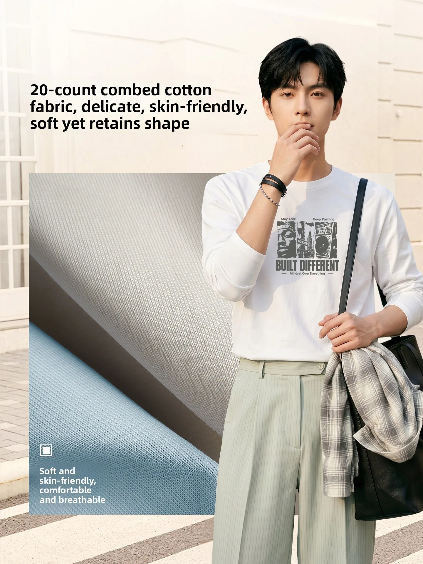 Men's Loose Fit Long Sleeve Cotton T-Shirt Casual Inner Wear Vintage American Style Breathable Comfortable round Neck Top