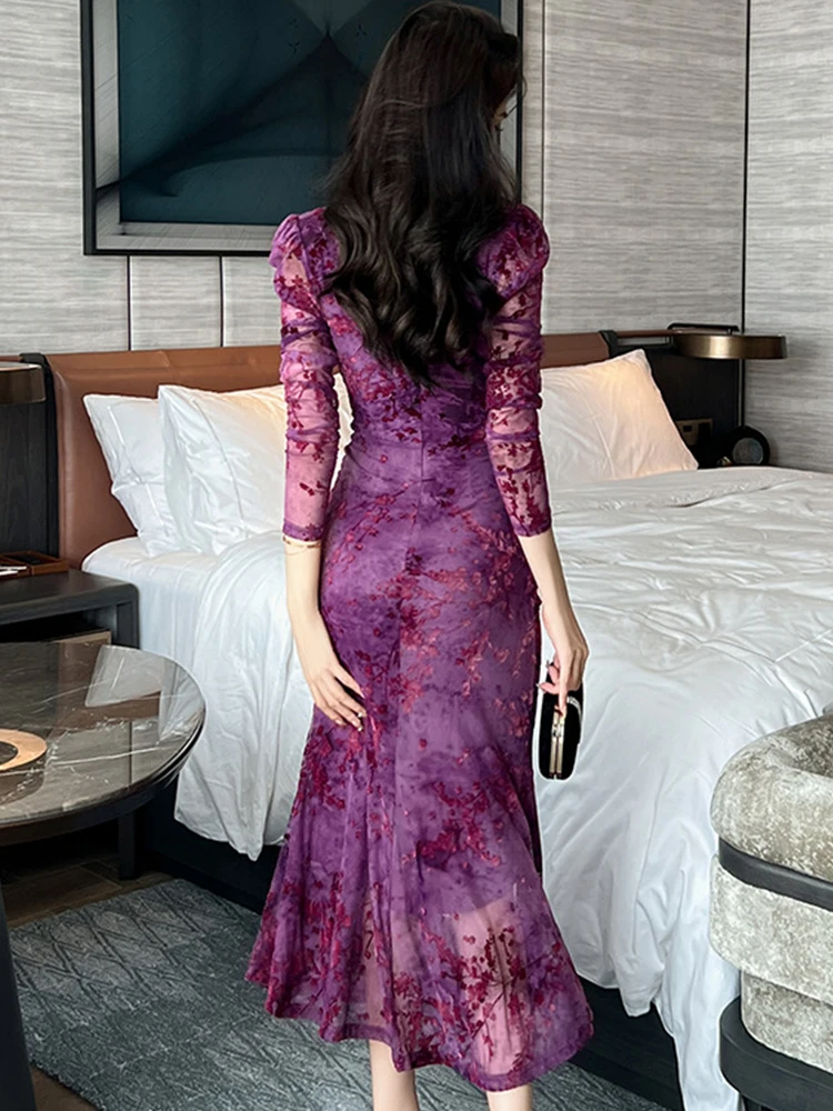 Women\'s French Elegant Maxi Dress Purple Elastic Flocking Print Mesh Pleated Shoulder Pad Fishtail Robe Party Banquet Vestodos