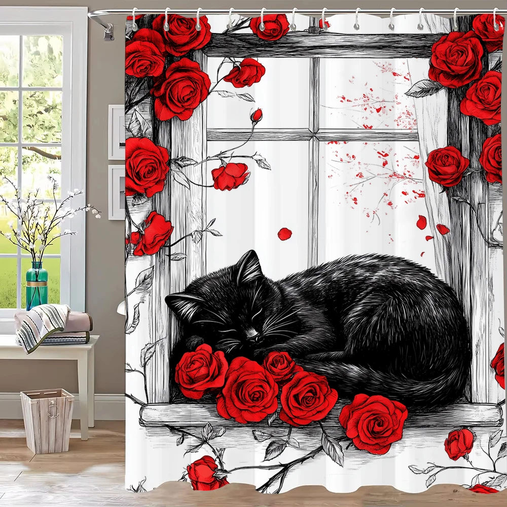 

Современная занавеска для душа с красными розами и черной кошкой, декоративная занавеска для ванной из полиэстера с цветочным принтом, домашняя занавеска с крючками
