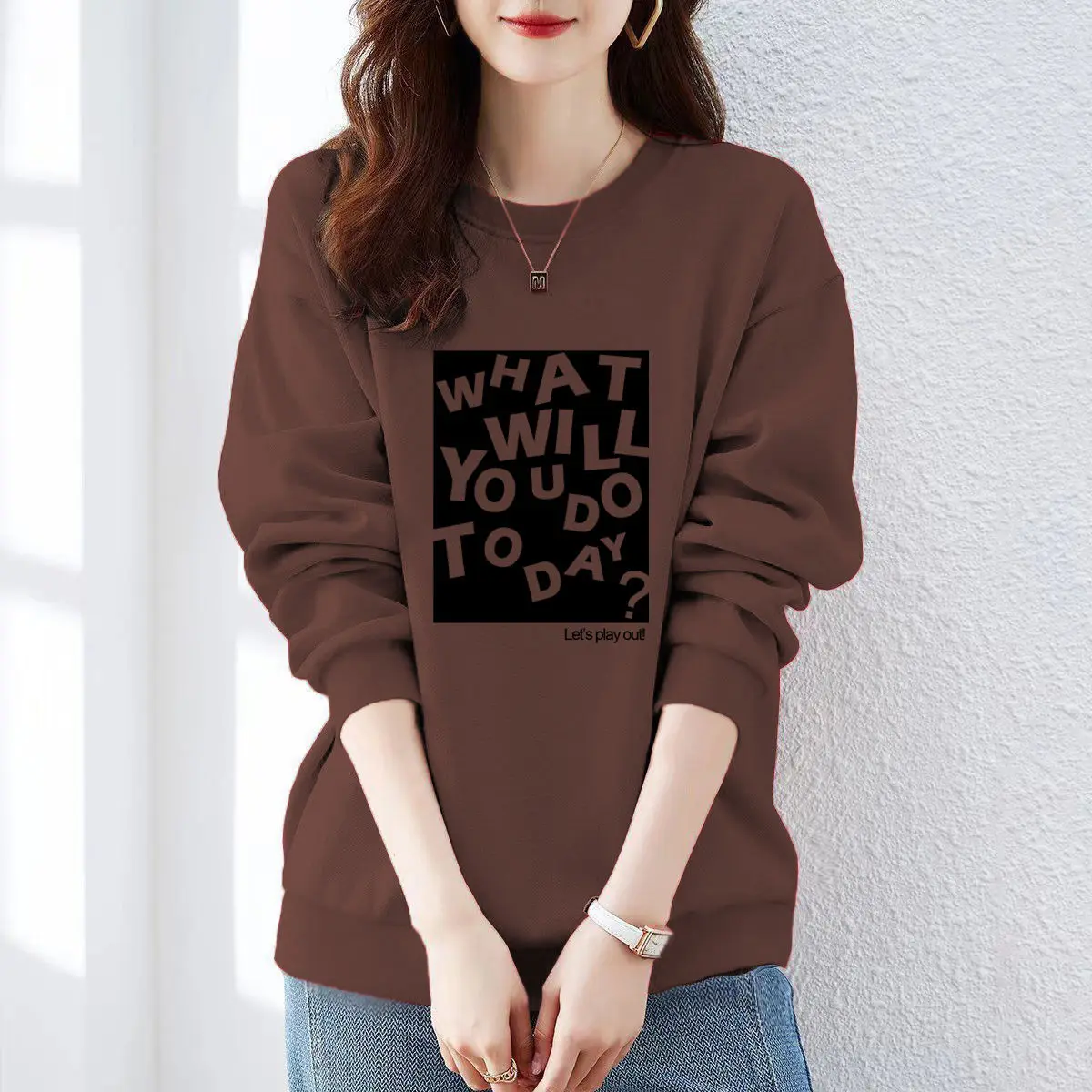 Sweatshirt Loose Women's New Gray Printed Round Neck Pullover Fashionable and Western Tops for Women