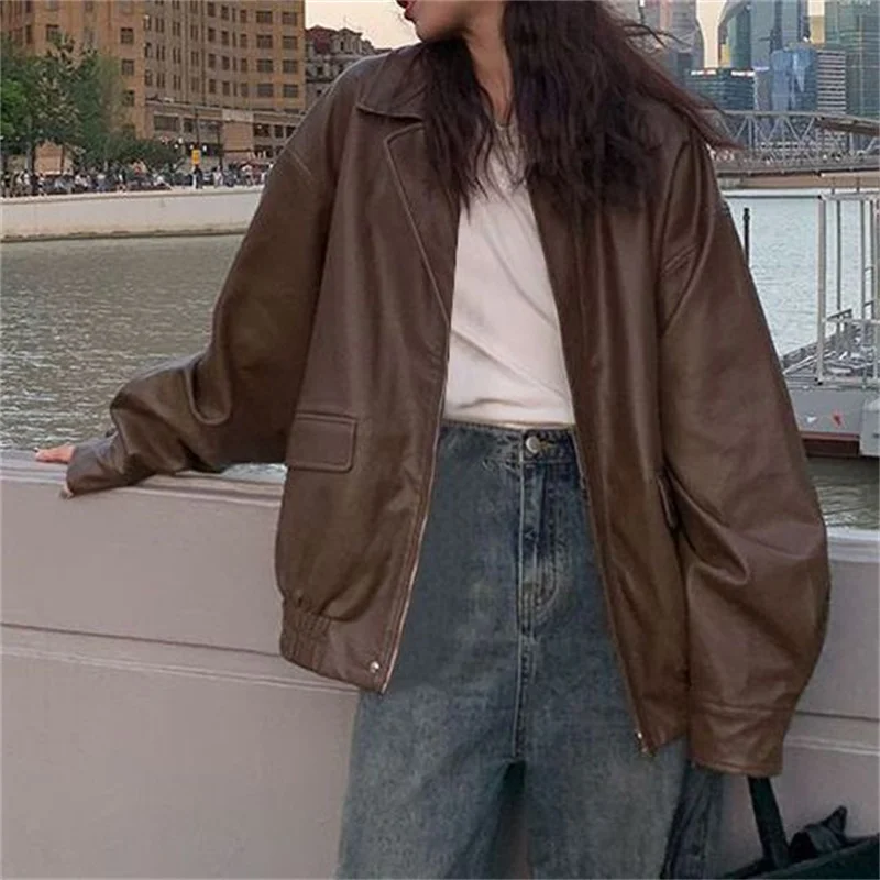 Autumn Women Fashion Casual Loose Coat Winter Ladies High End Faux Leather Outwear Femme Long Sleeves Zipper PU Leather Jacket