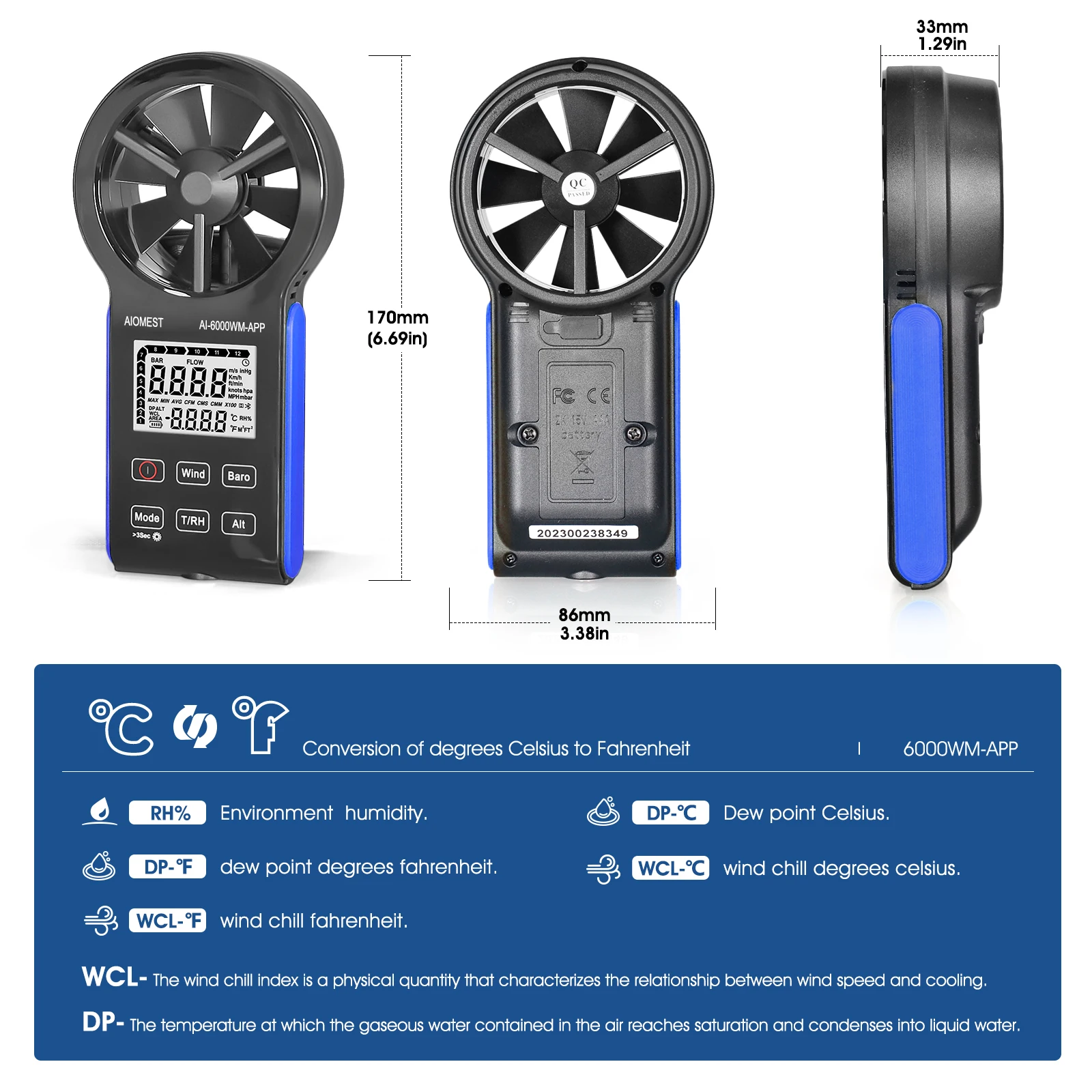 Professional 6-in-1 Wind Speed Meter, Digital Anemometer with Wind Chill Dew Point Data Record for Outdoor Sailing