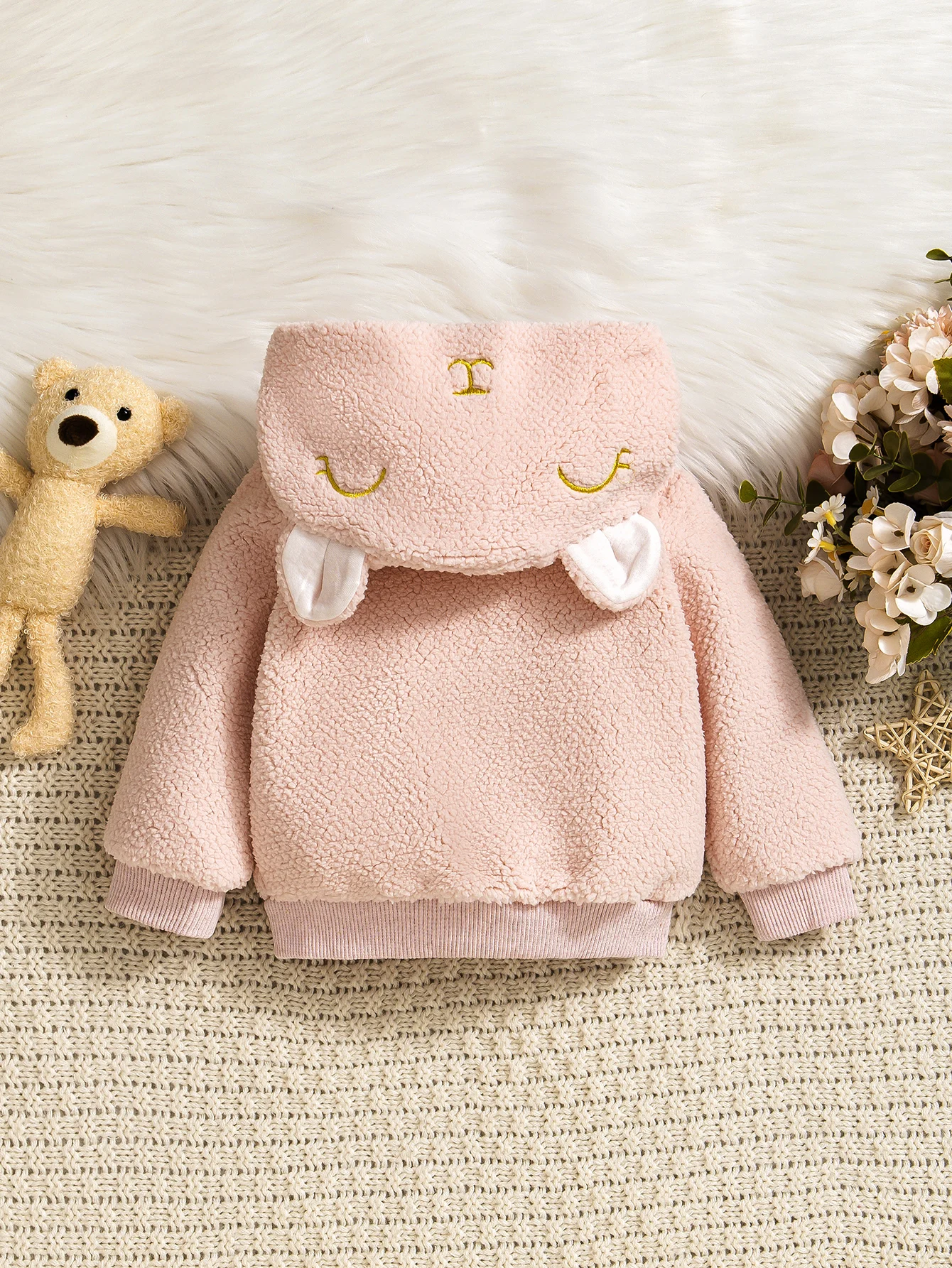 Adorable Pink Baby Plush Jacket Newborn Warm Fashionable Item Soft Cozy Infant Coat Stylish Baby Girl Outerwear