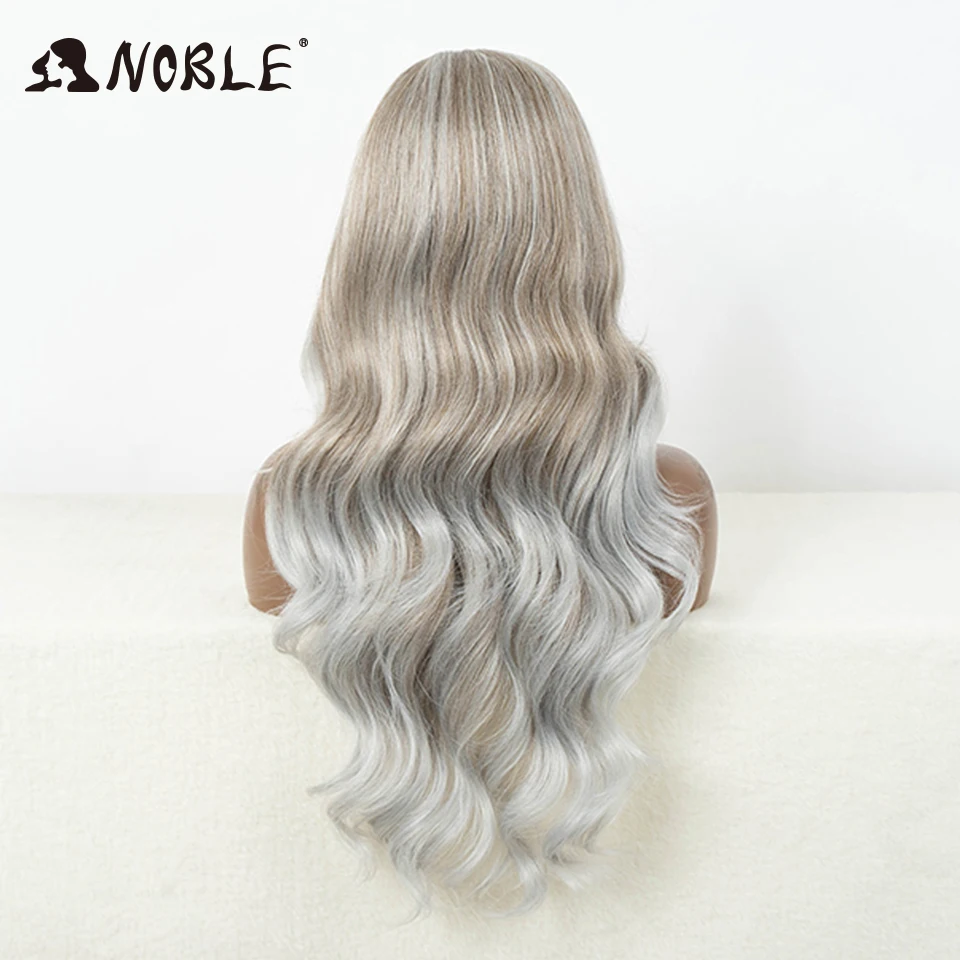 Noble Body Wave Synthetic Lace Front Wigs For Women C Part Wig 26 inches Ombre Brown Silver Colored Cosplay Lace Wig Synthetic