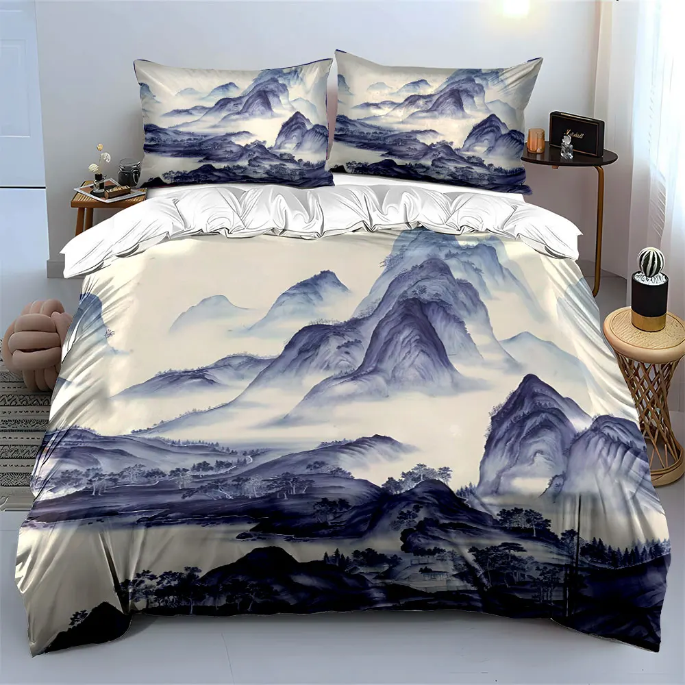 Ink Landscape Painting with Cloudy Peaks Print Bedding Set 1 Duvet Cover 2 Pillowcases for Adult and Children Luxury Gift
