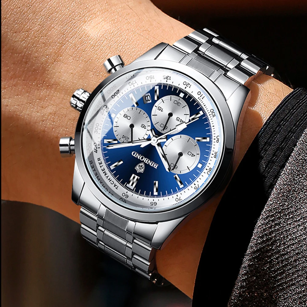 BINBOND Fashion Men's Watches Trend Multifunctional Original Quartz Watch for Man Waterproof Stainless Steel Chronograph Watch