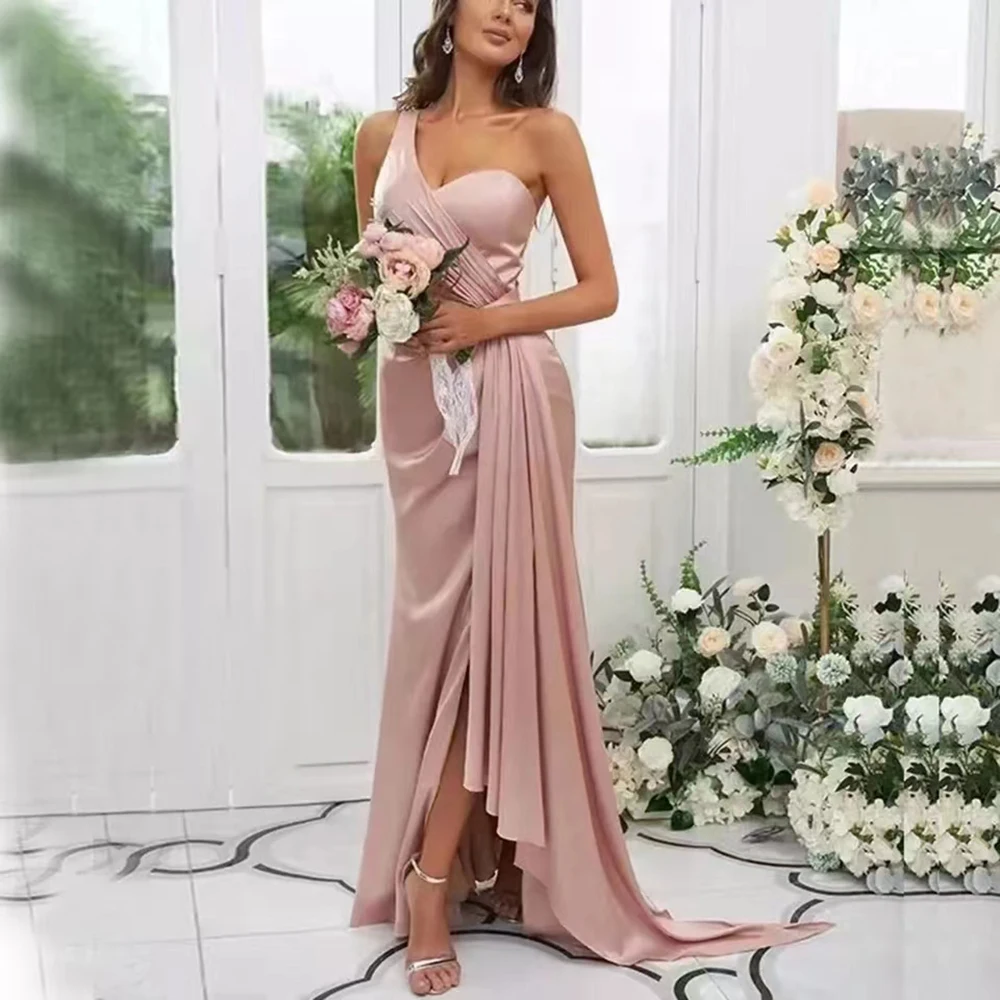 

One-Shoulder Bridesmaid Dress Sexy High Split Backless Sleeveless Satin Dress Sweep Train Maid Of The Honor For Women