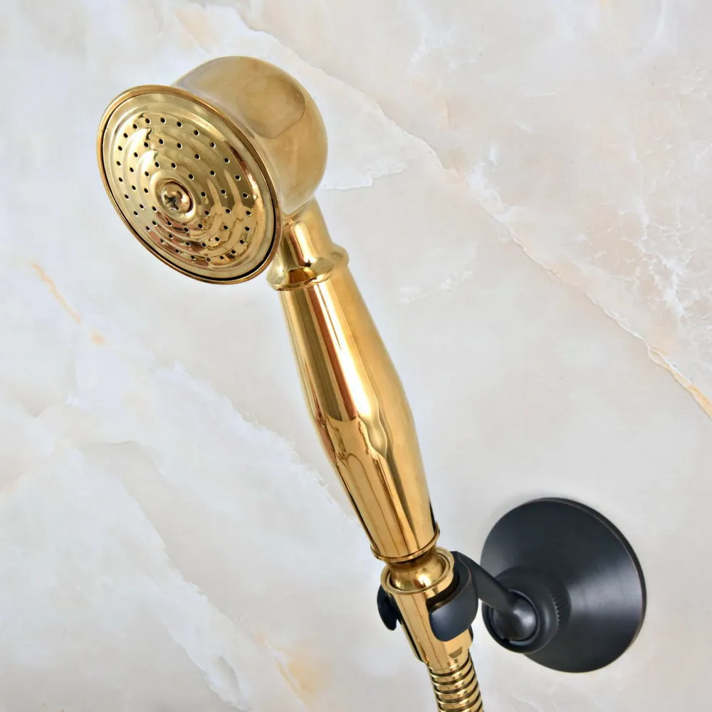 Gold & Black Brass Wall Mount Bathroom Bathtub Faucet Set WITH/ 1500MM Handheld Shower Spray Head Mixer Tap Dna528