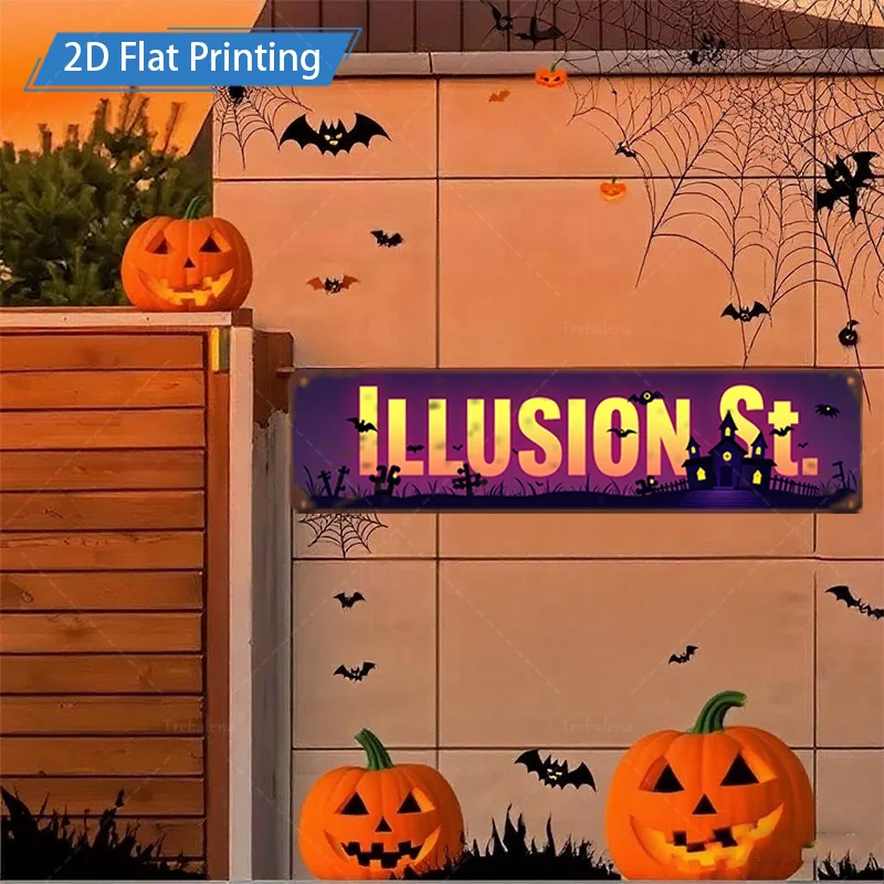 1 قطعة علامة معدنية، 4 × 16 بوصة لافتة شارع الوهم للهالوين مع الخفافيش والقرع فن معدني مزخرف