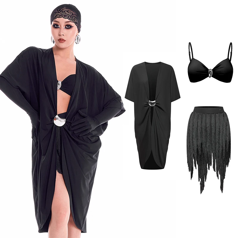 

2026 DUYQ Women Latin Dance Performance Costumes Sexy Loose Smock Top Irregular Tassels Skirt Rumba Samba Dance Wear DN23435