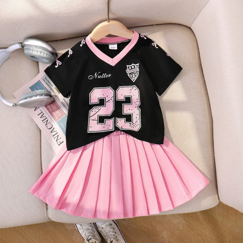 

Girls' Summer Outfit with Letter PrintVCollarTSolid color princess dress two-piece set in college style
