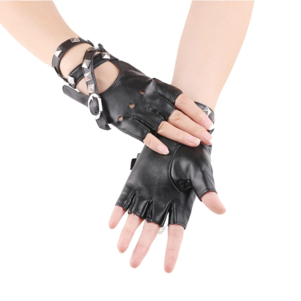 Fashion Accessories Punk Rivets Belt Wrist Gloves Anti-Slip Breathable Half Finger Gloves Trendy Gothic Driving Gloves Hip-Hop