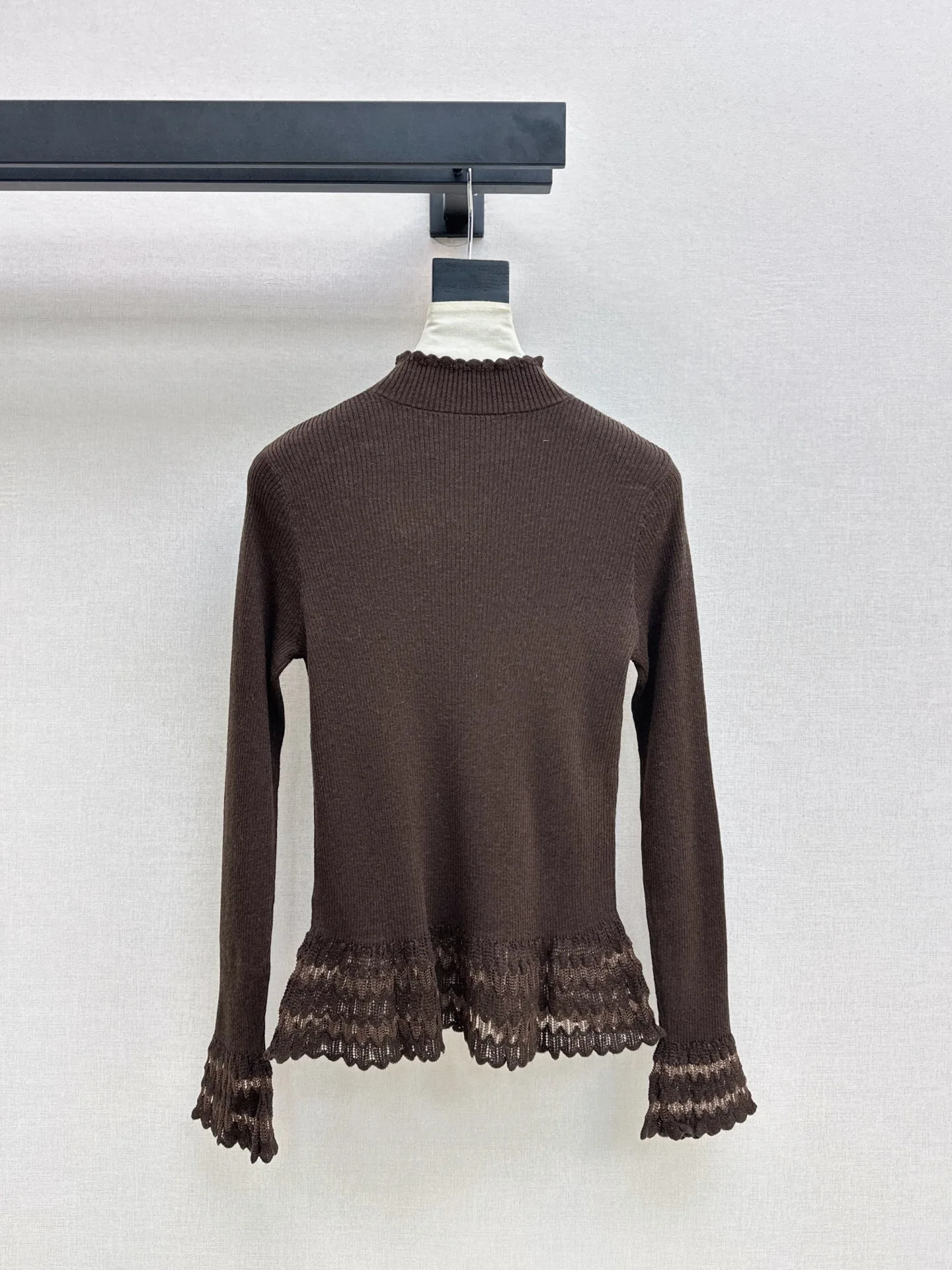 White Black Coffee Women 100% Wool Knit Top Ruffle Mock Neck Long Sleeve Slim Lace Hem Elegant Sweater For Daily Wear
