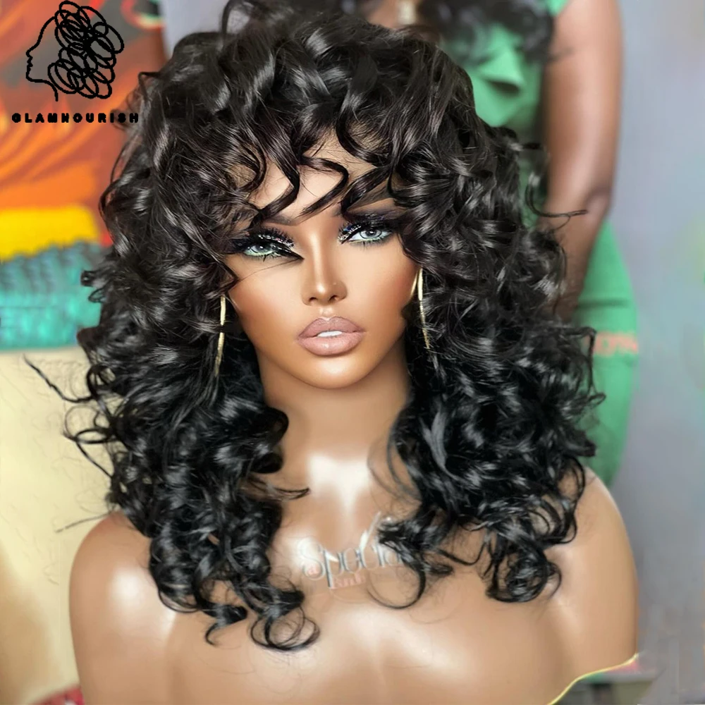 Short Bouncy Curly Human Hair Wig With Bangs Easy to Wear Glueless Short Bob Curly Human Hair Wig Machine Made Afro Wig For Wome