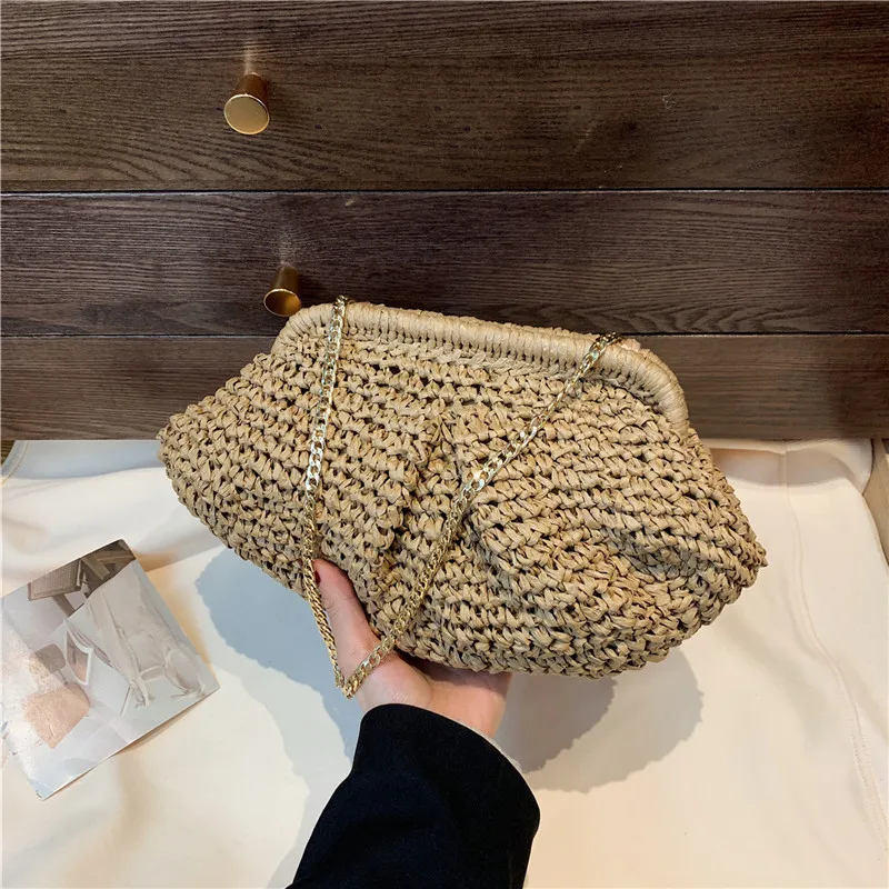 Beige Khaki Seashell Tote Handbag For Women Bohemia Summer Straw Knit Small Clutches Gold Color Chain Party Shoulder Bag Bolsos