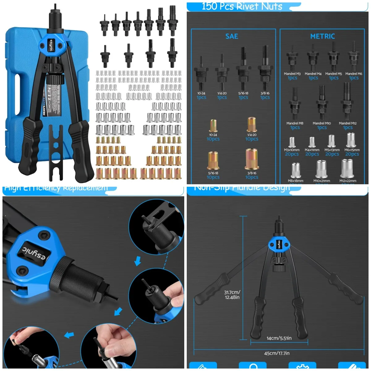 

13 Inch Rivet Nut Gun with 7 Metric & 4 SAE Mandrels, 150pcs Rivet Nuts, Durable Hand Tool Kit for Easy Use